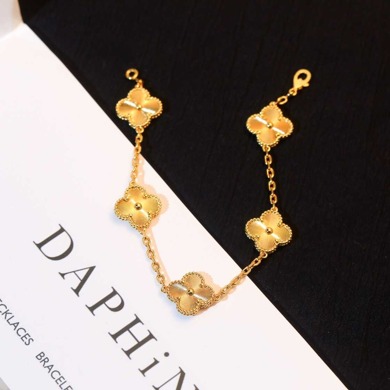 Van Cleef & Arpels VCA Vintage Alhambra 5 Motifs Guilloché Bracelet in 18K Yellow Gold