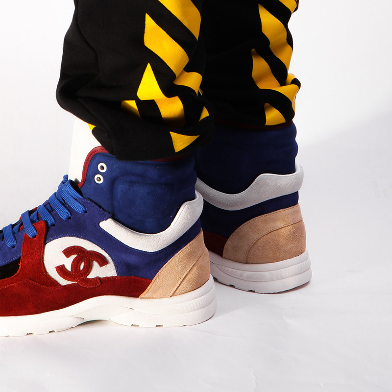 Ch*el calfskin & velvet high top sneaker in blue&red