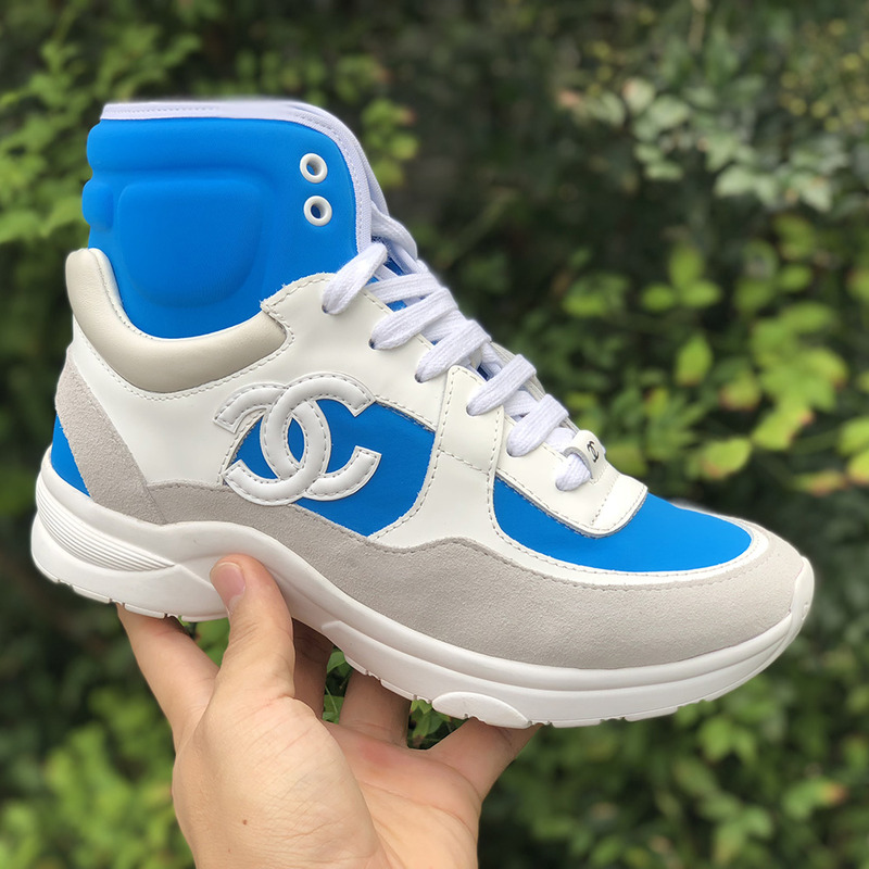 Ch*el high top sneakers in white and blue