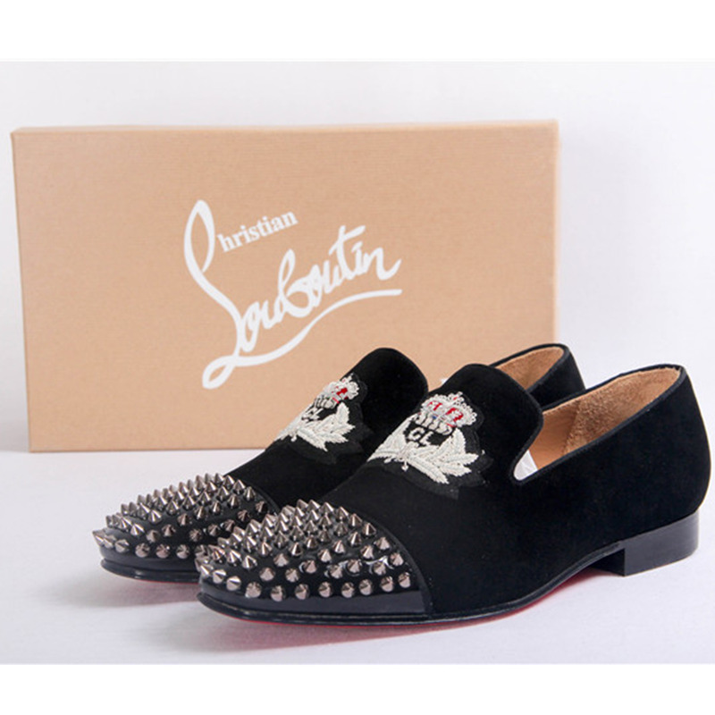 made to order!!! ch**an louboutin S*per perfect mens loafers harvanana spikes flannel black