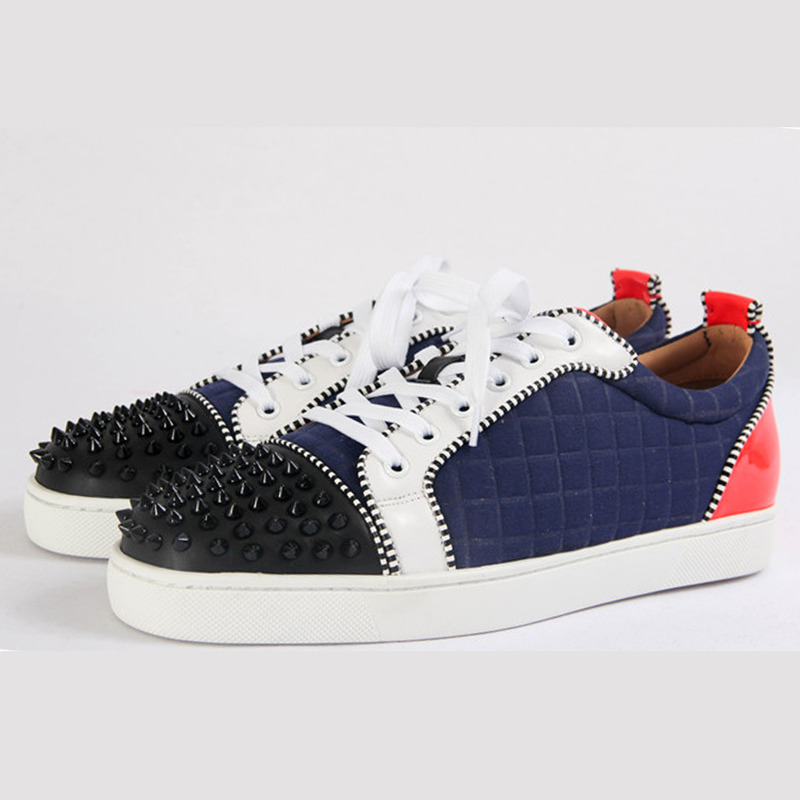 [made  to order] ch**an louboutin S*per perfect l**is junior men flat low top leather black spike sneaker