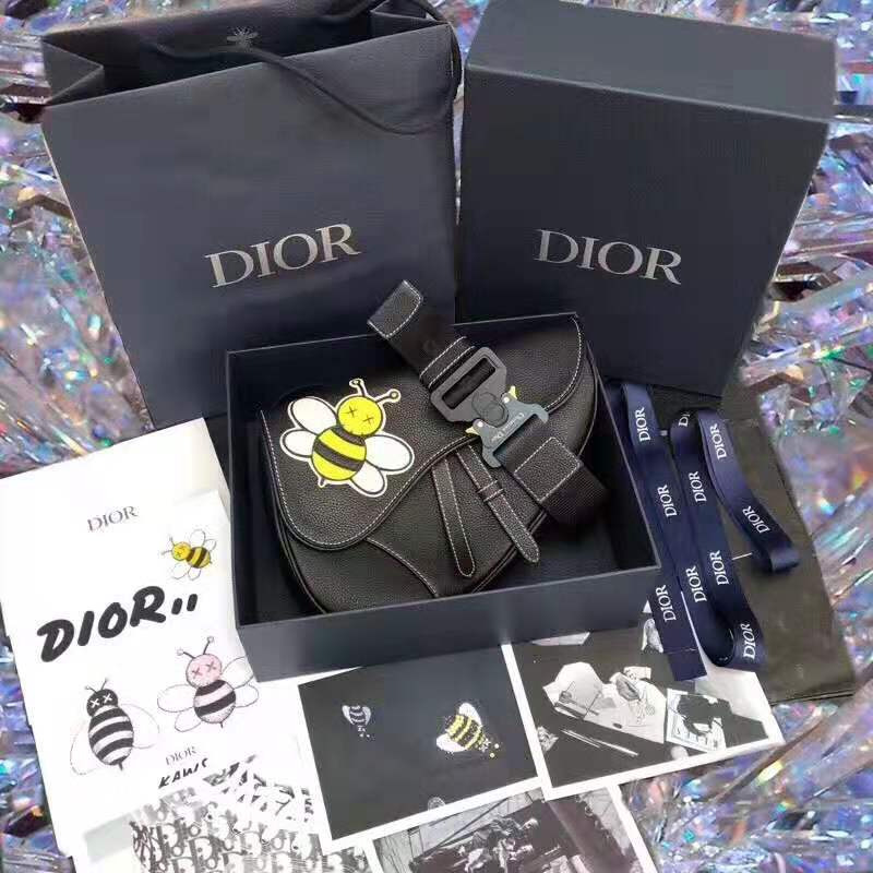 D*or bee printed saddle bag in black calfskin