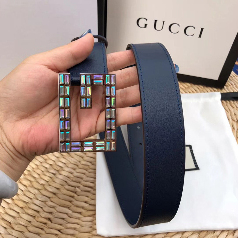 leather belt with square G*u*i buckle in blue