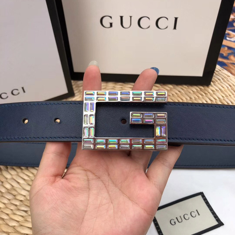 leather belt with square G*u*i buckle in blue