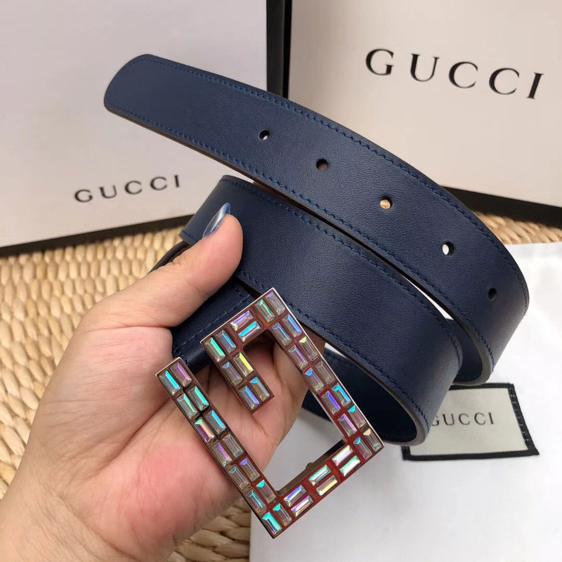 leather belt with square G*u*i buckle in blue