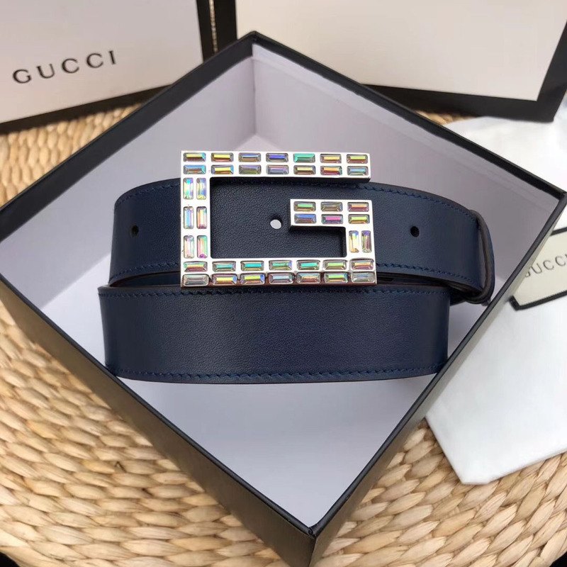 leather belt with square G*u*i buckle in blue