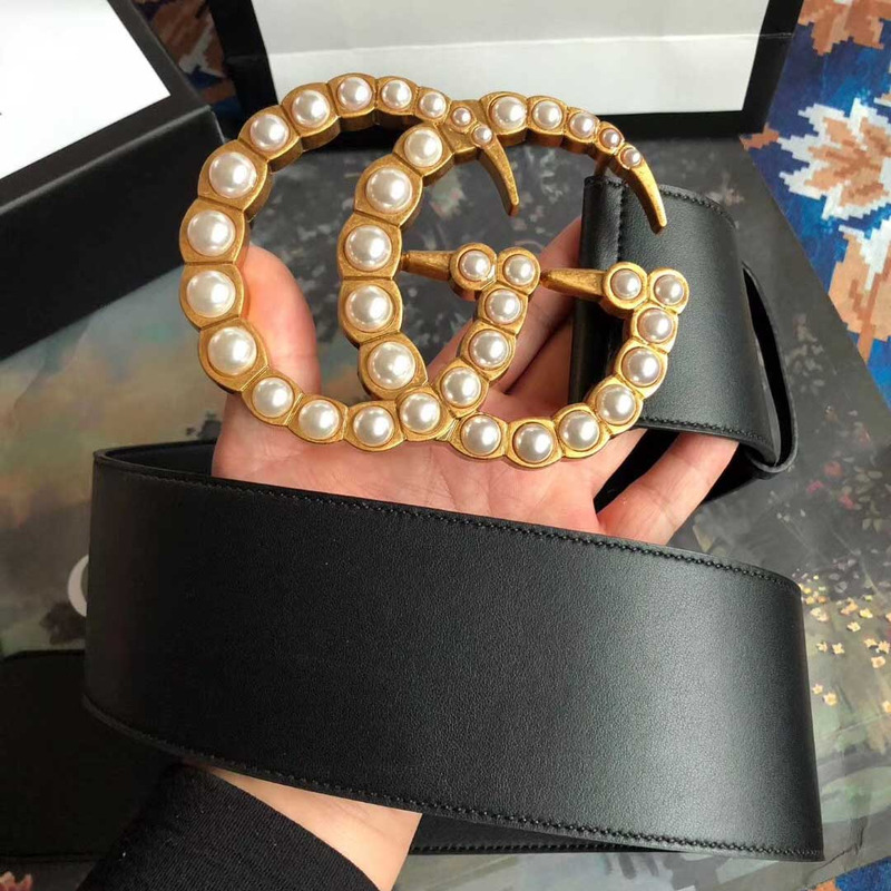 leather belt with pearl double G*u*i buckle