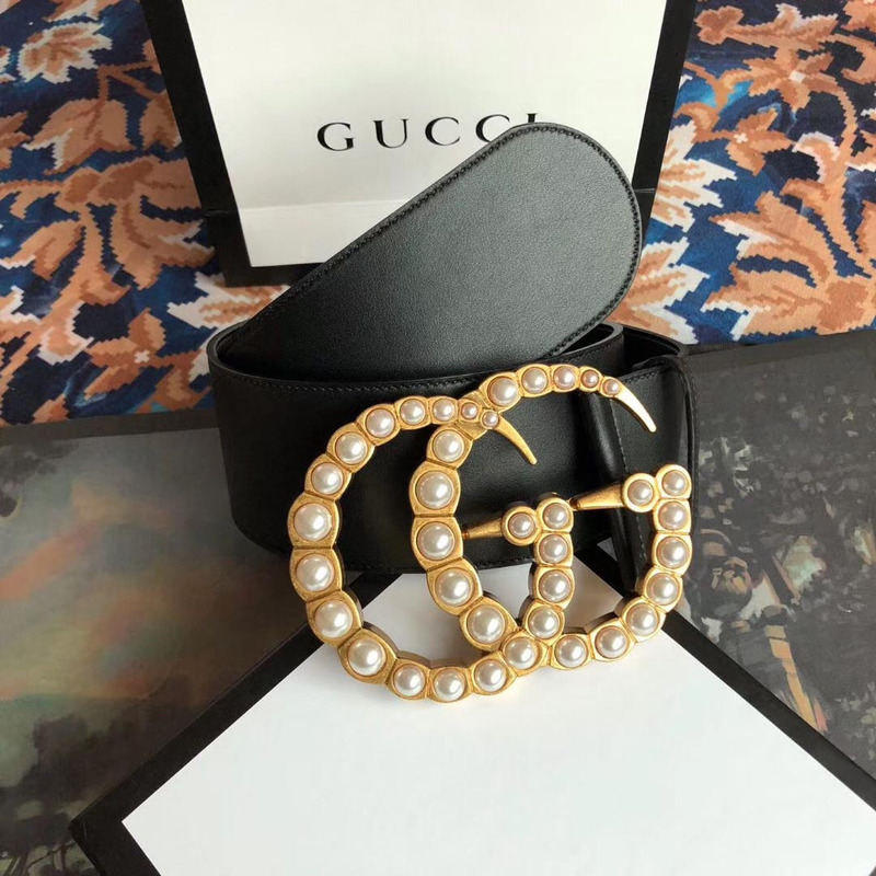 leather belt with pearl double G*u*i buckle