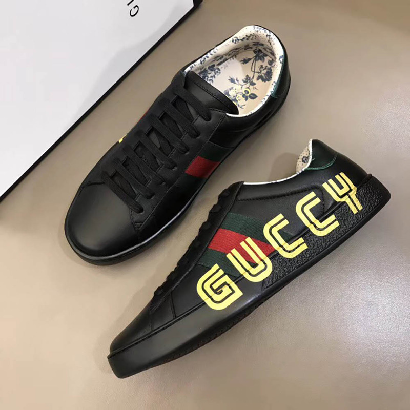 g*u*i ace sneaker with G*u*iy print in black