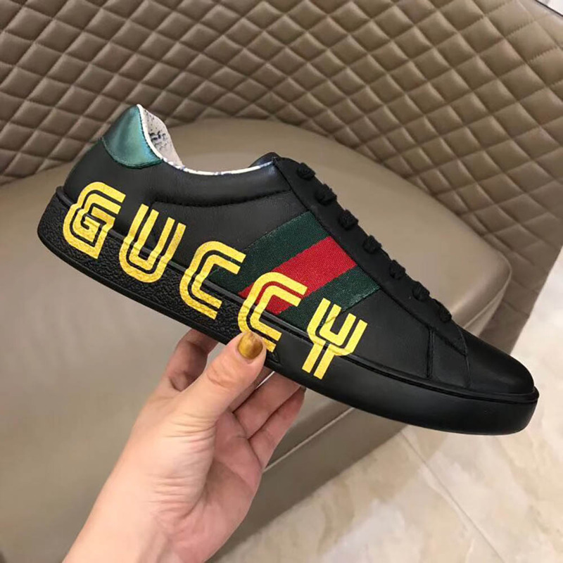g*u*i ace sneaker with G*u*iy print in black