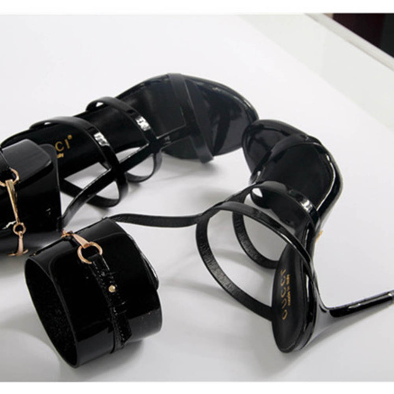 G*u*i ursula patent ankle-wrap cage sandal black