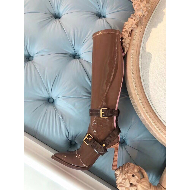 F**di harness buckle patent neoprene tall boots brown