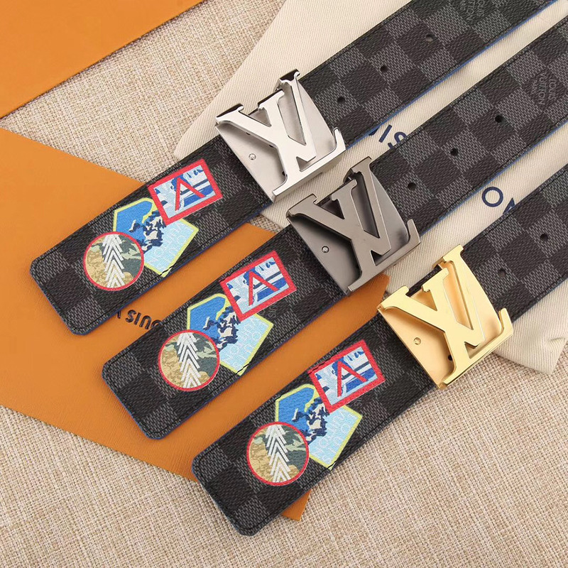 l**is V*t*n damier print 40mm reversible belt(gold)